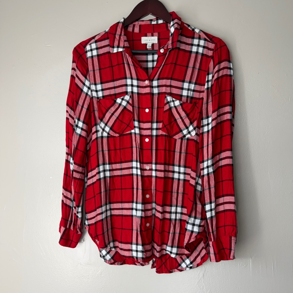 Lucky Brand Women Red Plaid Viscose Button Down Shirt Split Back Long Sleeve M